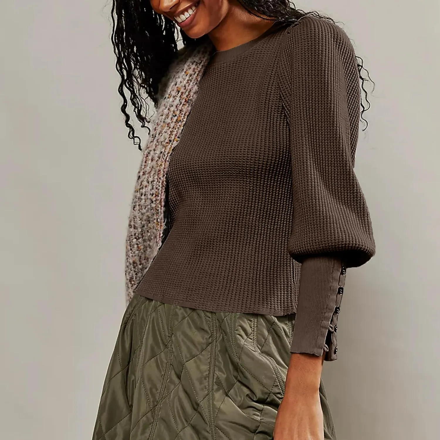Women's Waffle Knit Puff Long Sleeve Tops Crew Neck Sweatshirt Casual Pullover Thermal Top