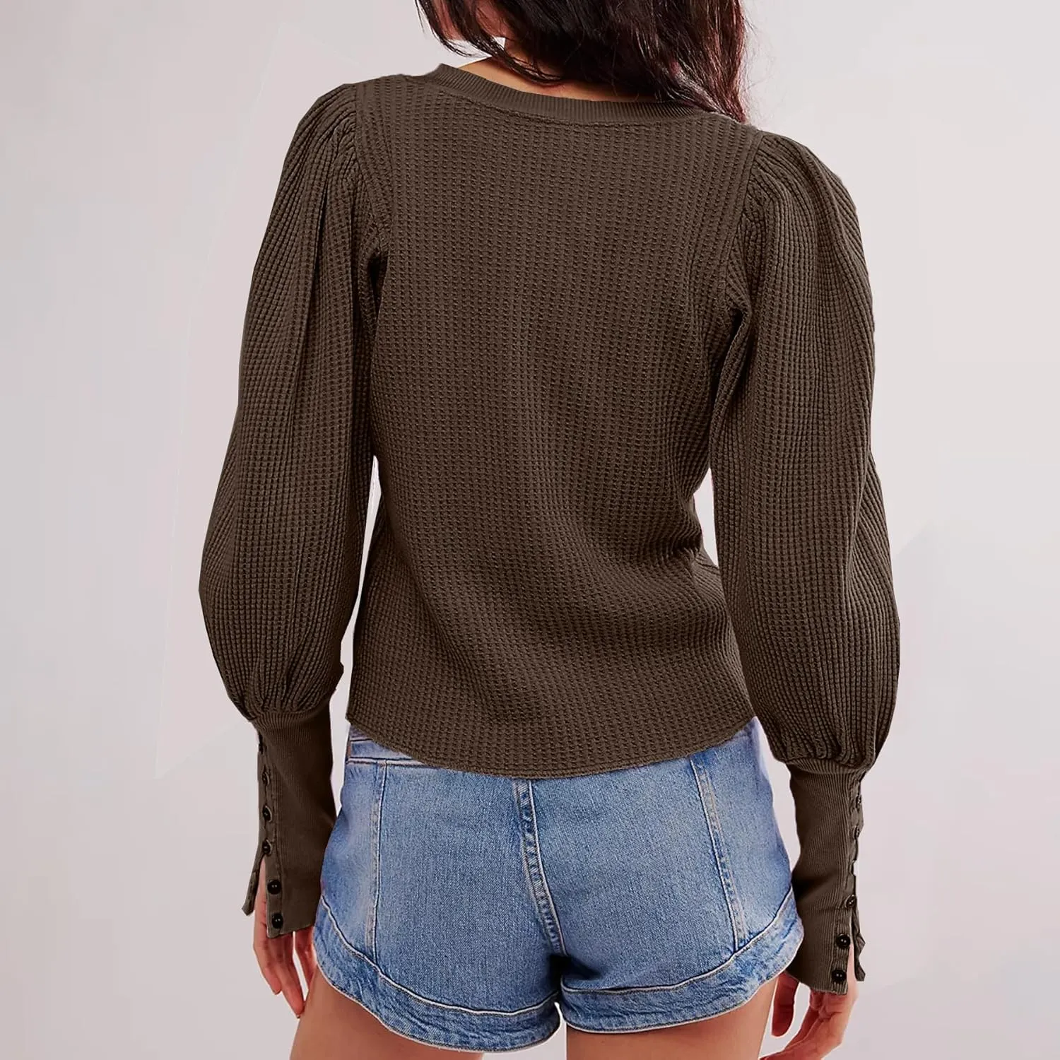 Women's Waffle Knit Puff Long Sleeve Tops Crew Neck Sweatshirt Casual Pullover Thermal Top