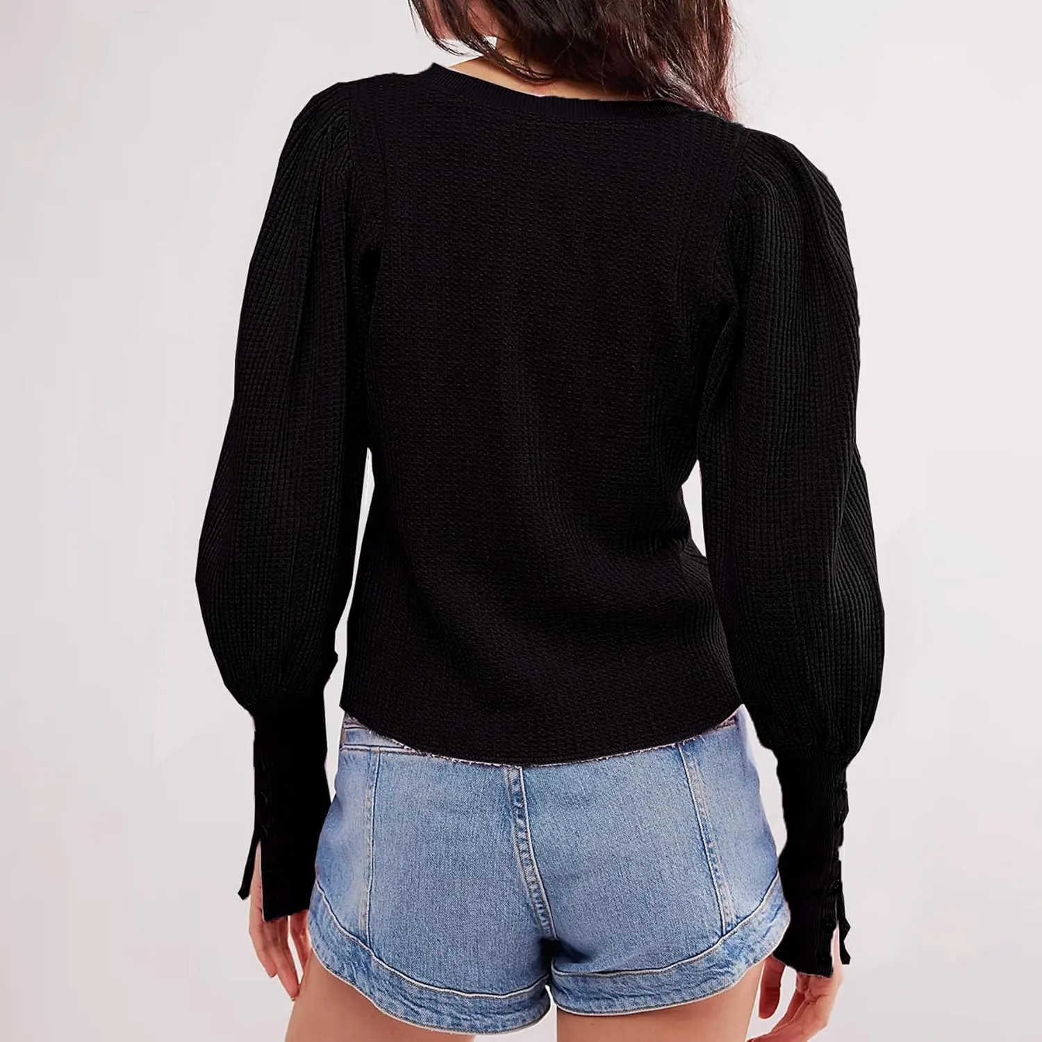 Women's Waffle Knit Puff Long Sleeve Tops Crew Neck Sweatshirt Casual Pullover Thermal Top