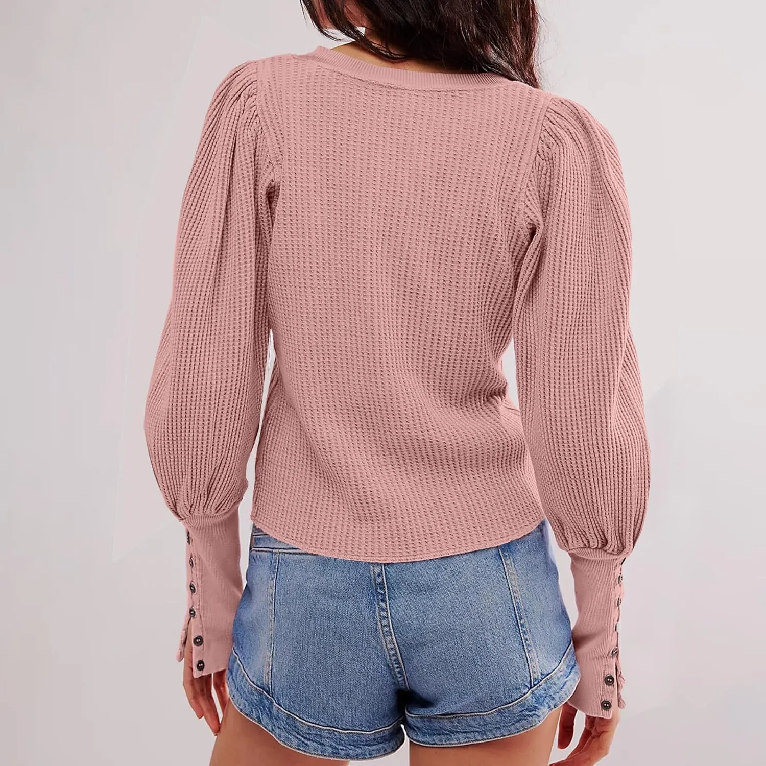 Women's Waffle Knit Puff Long Sleeve Tops Crew Neck Sweatshirt Casual Pullover Thermal Top