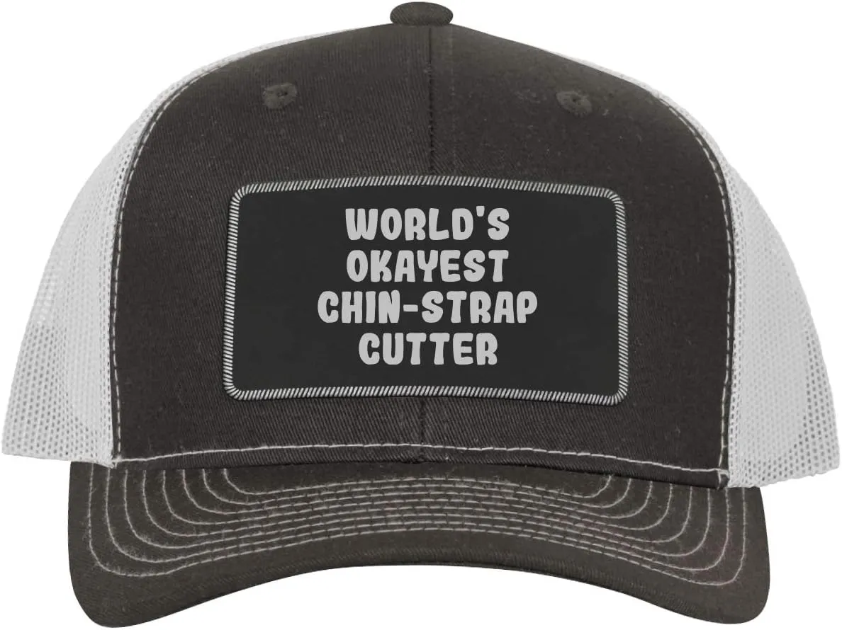 World's Okayest Chin-Strap Cutter - Leather Black Patch Engraved Trucker Hat