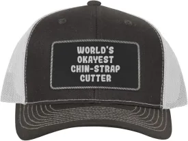 World's Okayest Chin-Strap Cutter - Leather Black Patch Engraved Trucker Hat