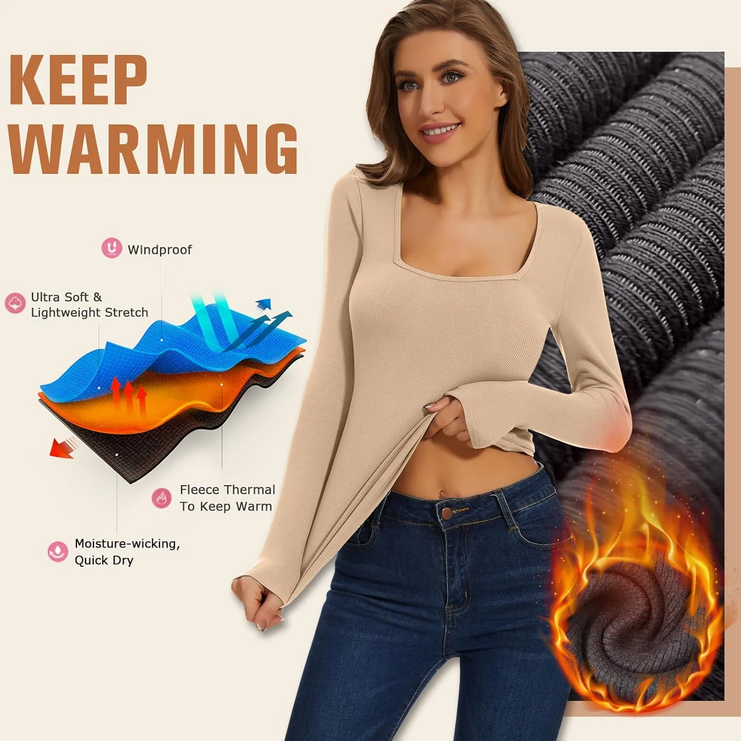 WOWENY Women Thermal Long Sleeve Shirt Fleece Lined Tight Undershirts Basic Fitted Tops Square Neck Winter Base Layer