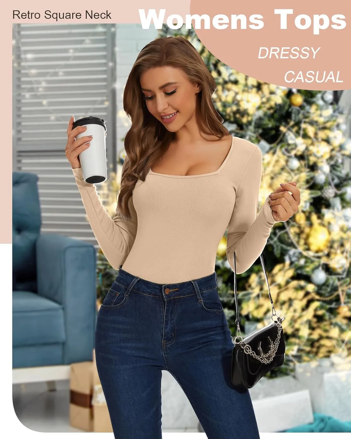 WOWENY Women Thermal Long Sleeve Shirt Fleece Lined Tight Undershirts Basic Fitted Tops Square Neck Winter Base Layer